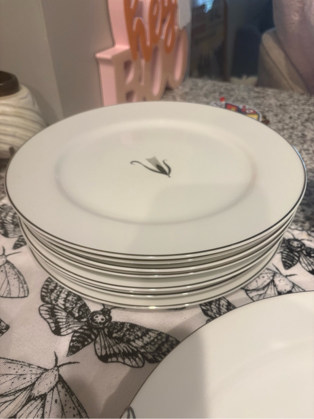 White Porcelain Dinner Plates with Silver Trim - Set of 8
